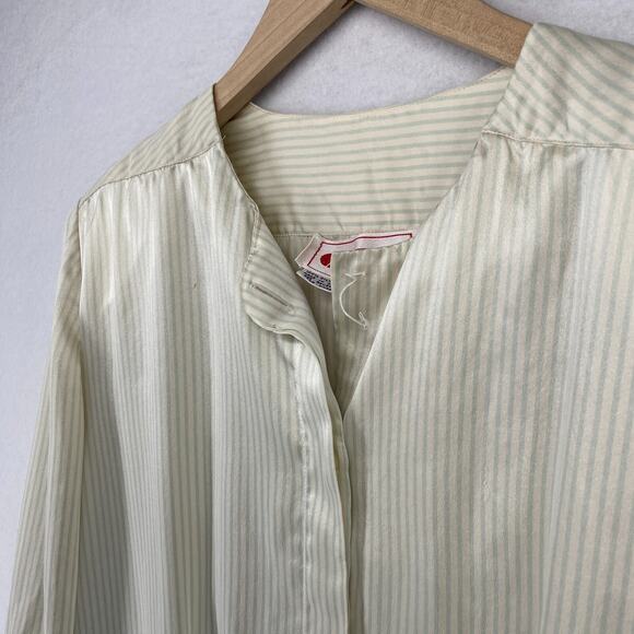 Vtg JOHN YANG Blouse 14 Silk Satin Striped Hidden Button Long Sleeve Off White - Picture 3 of 13